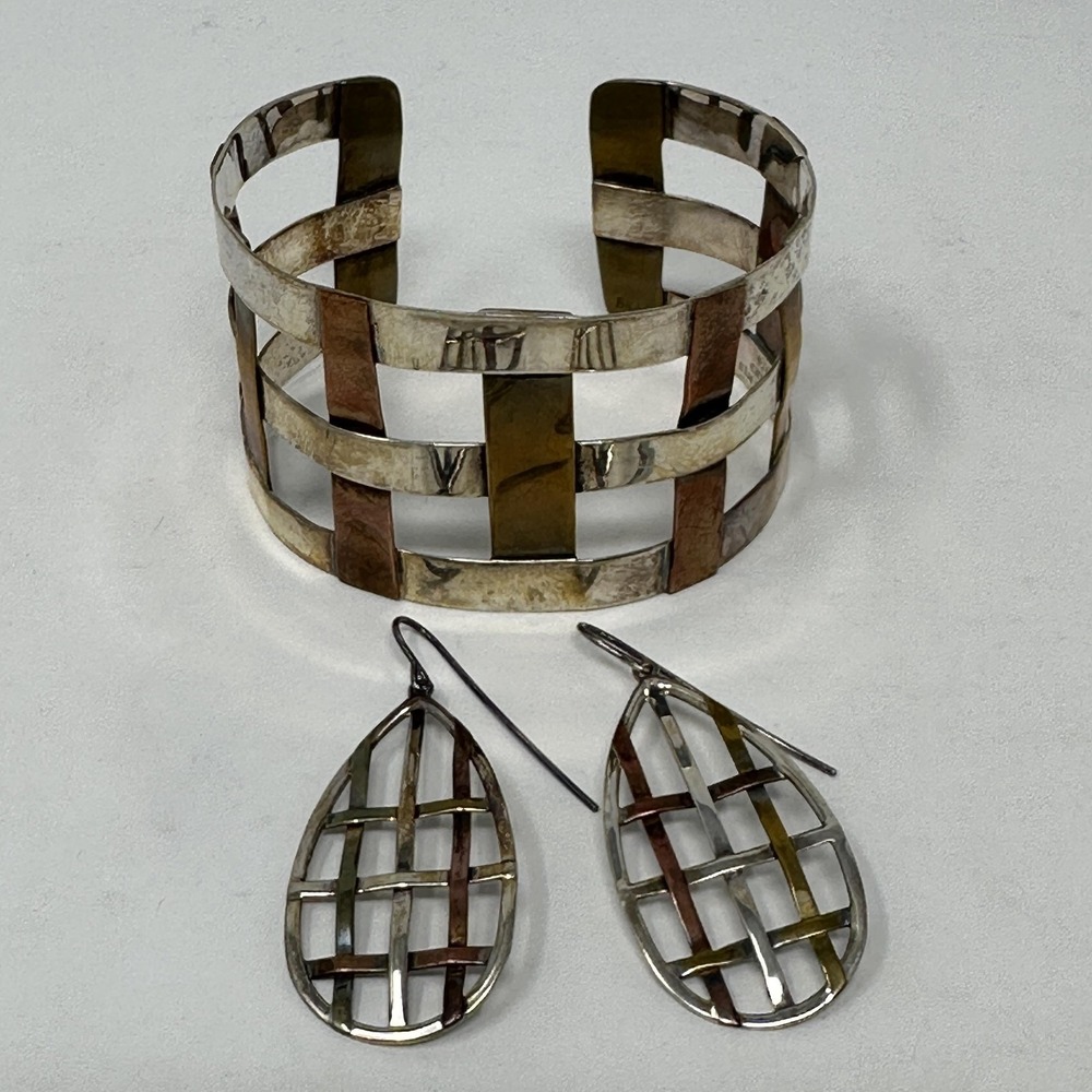 RLM Studio Cuff Bracelet & Dangle Earrings‎ Sterling Copper Brass Modernist Set
